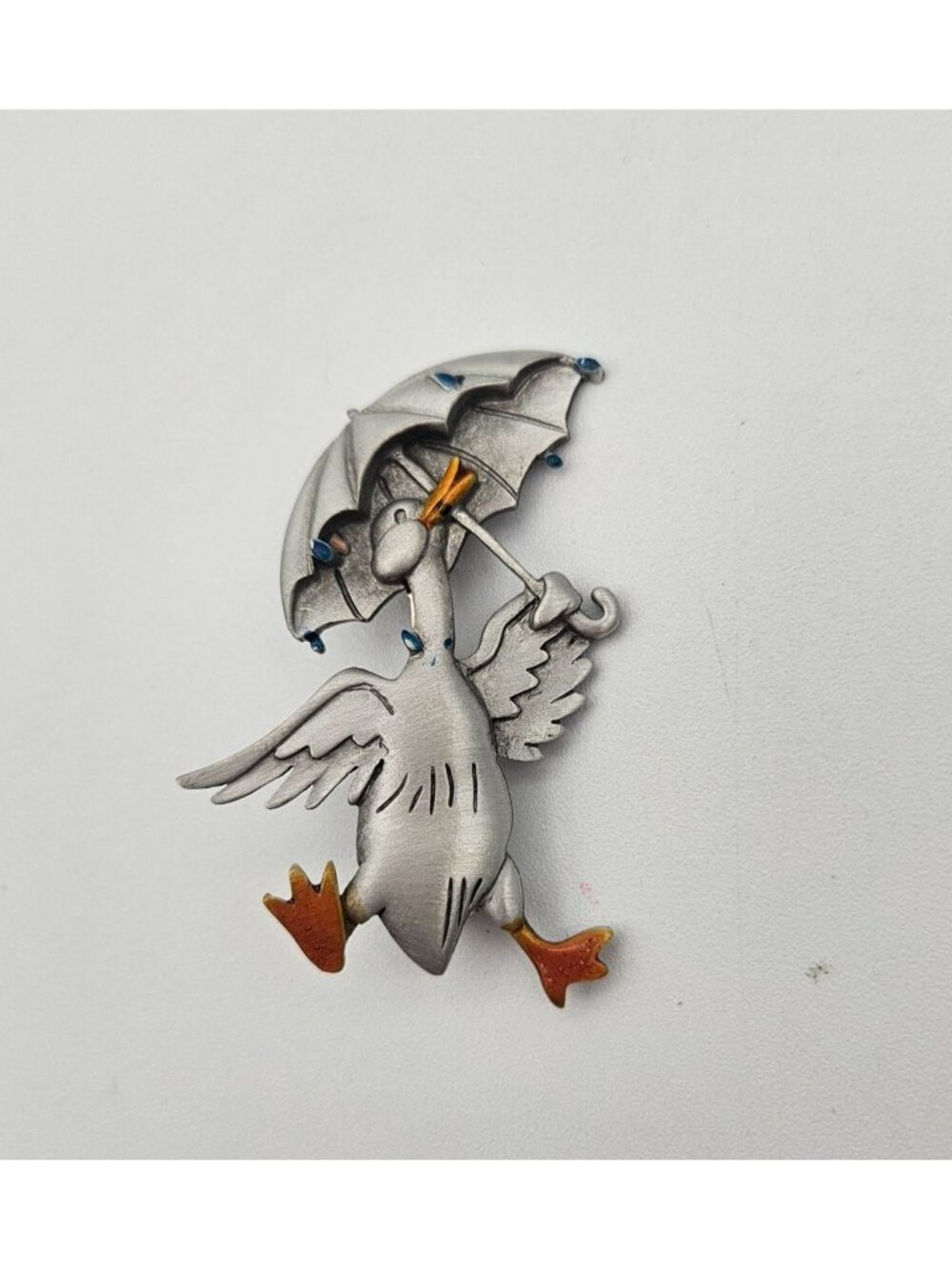 Vintage JJ Silver Tone W/Enamel Color Duck Umbrella Rain Drops